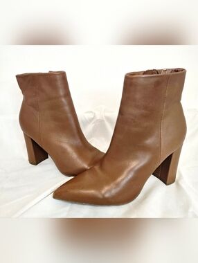 Marc Fisher Leather Ankle Boots 6.5M | Cognac Brown Pointed Toe Block Heel Booti